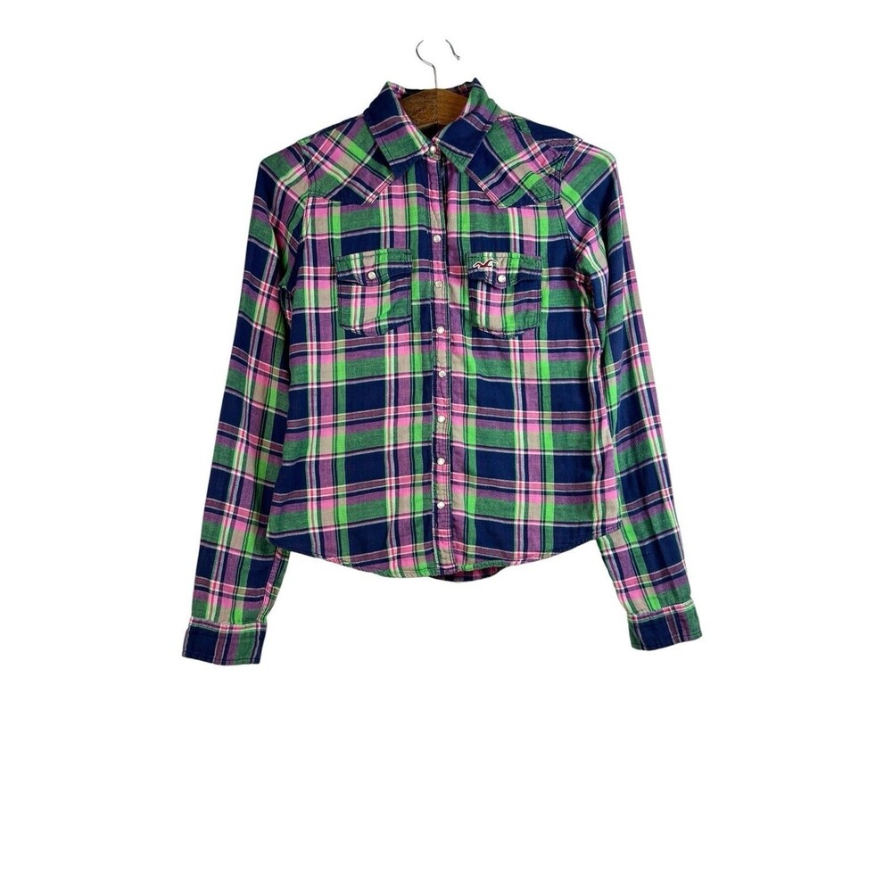 Hollister Green Pink Plaid Flannel Shirt Size S Button Front Y2K Grunge Preppy